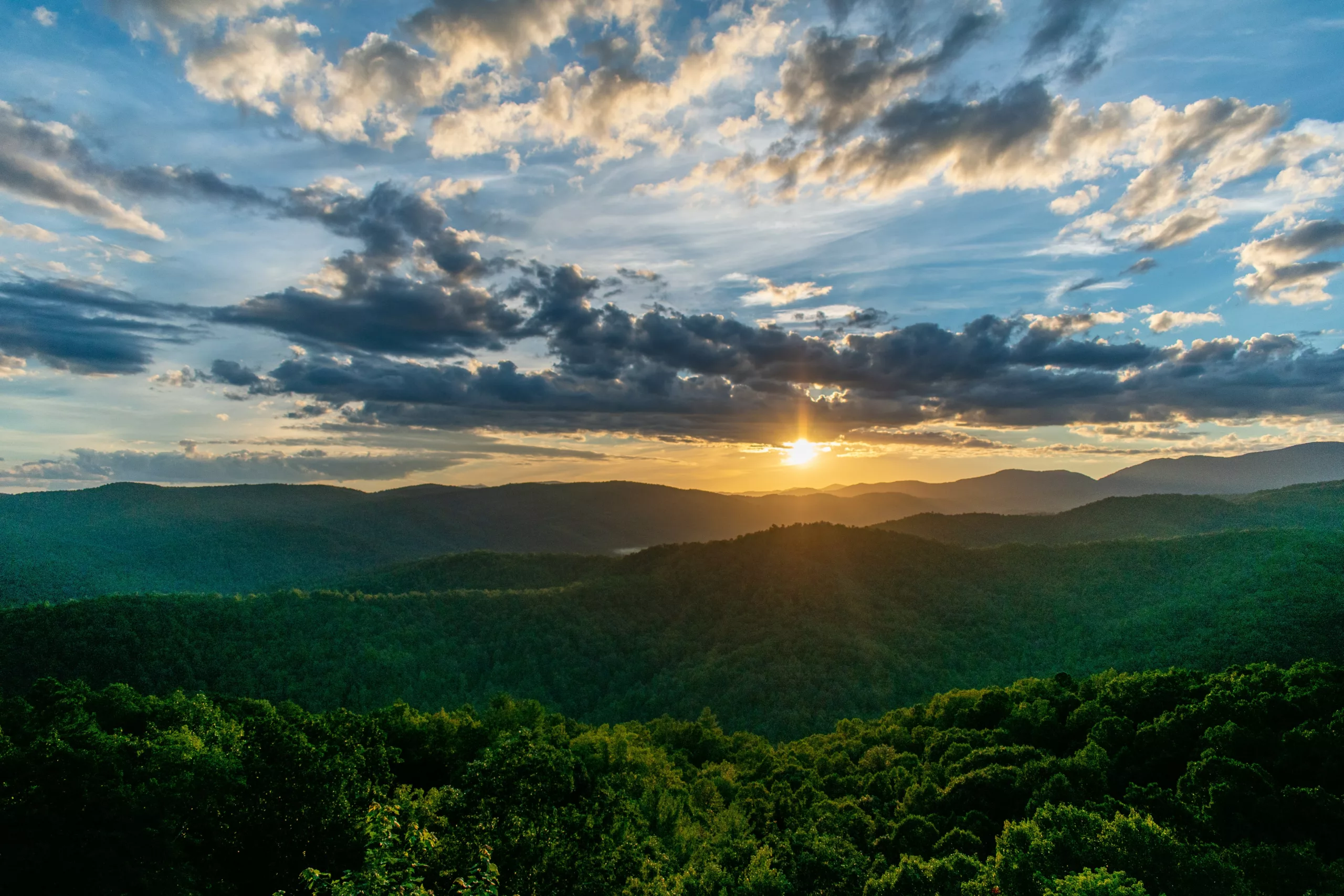 Appalachian Mountains With Sun In The Sky, Starting To Set